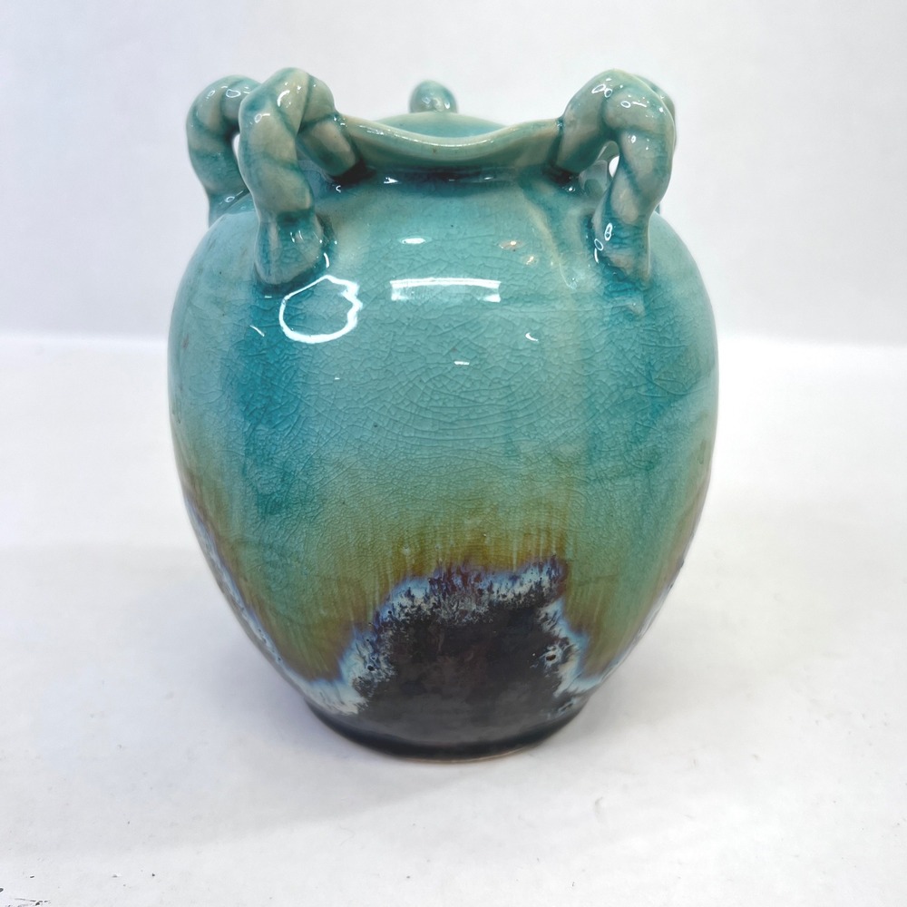 Turquoise Crackle Glaze Studio Pottery Vase 5-Handle Scalloped Rim 5.75"